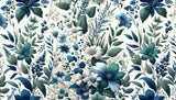 Botanical wallpaper with navy blooms in a bright master bedroom setting