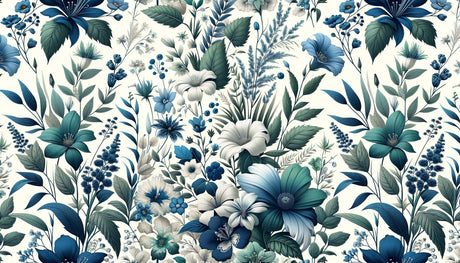 Botanical wallpaper with navy blooms in a bright master bedroom setting