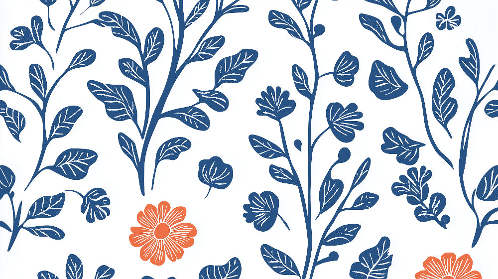 Blue and orange botanical pattern design file showing intricate floral details and precise color matching