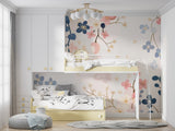 Dining room feature wall with blue and pink flower mural creating an elegant dining experience