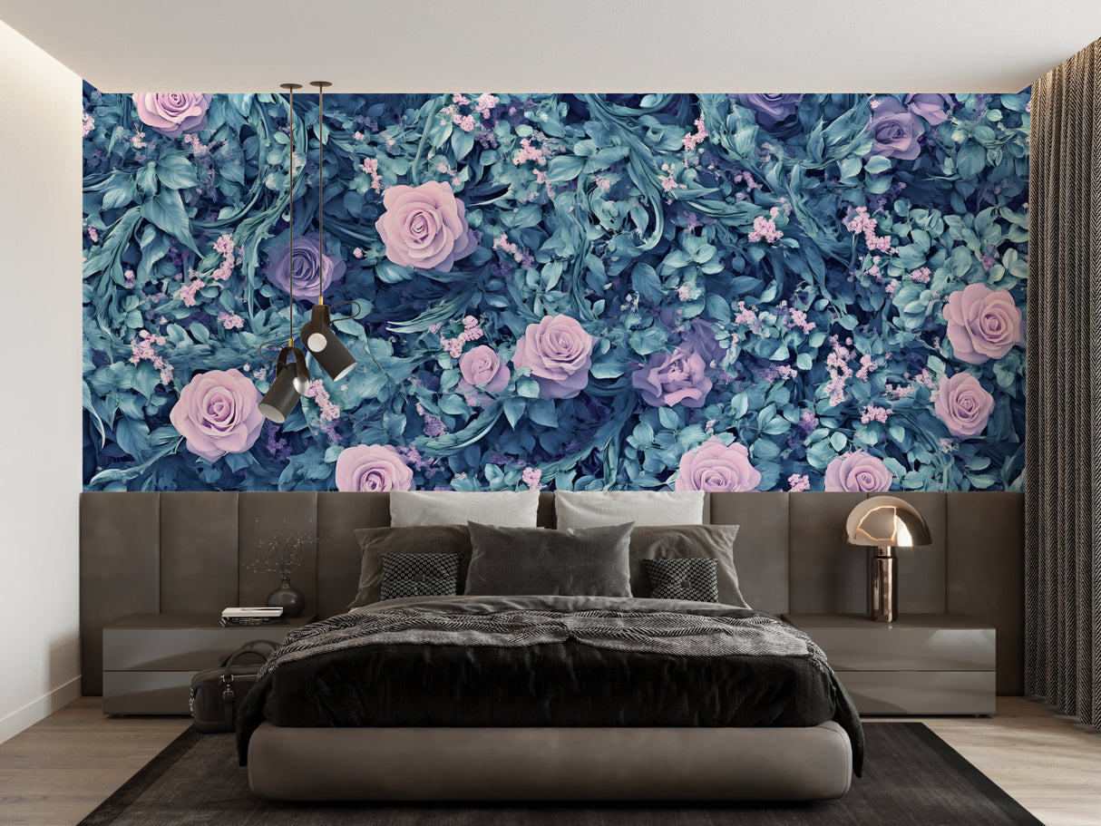 Blue and pink floral mural creating a peaceful atmosphere in a reading nook