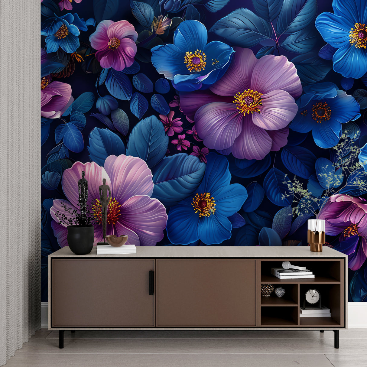 Blue and purple floral wallpaper mural in modern living room with grey sofa and natural light