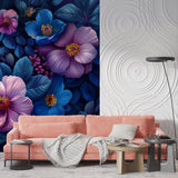 Master bedroom featuring dramatic blue and purple flower wall mural with gold accents
