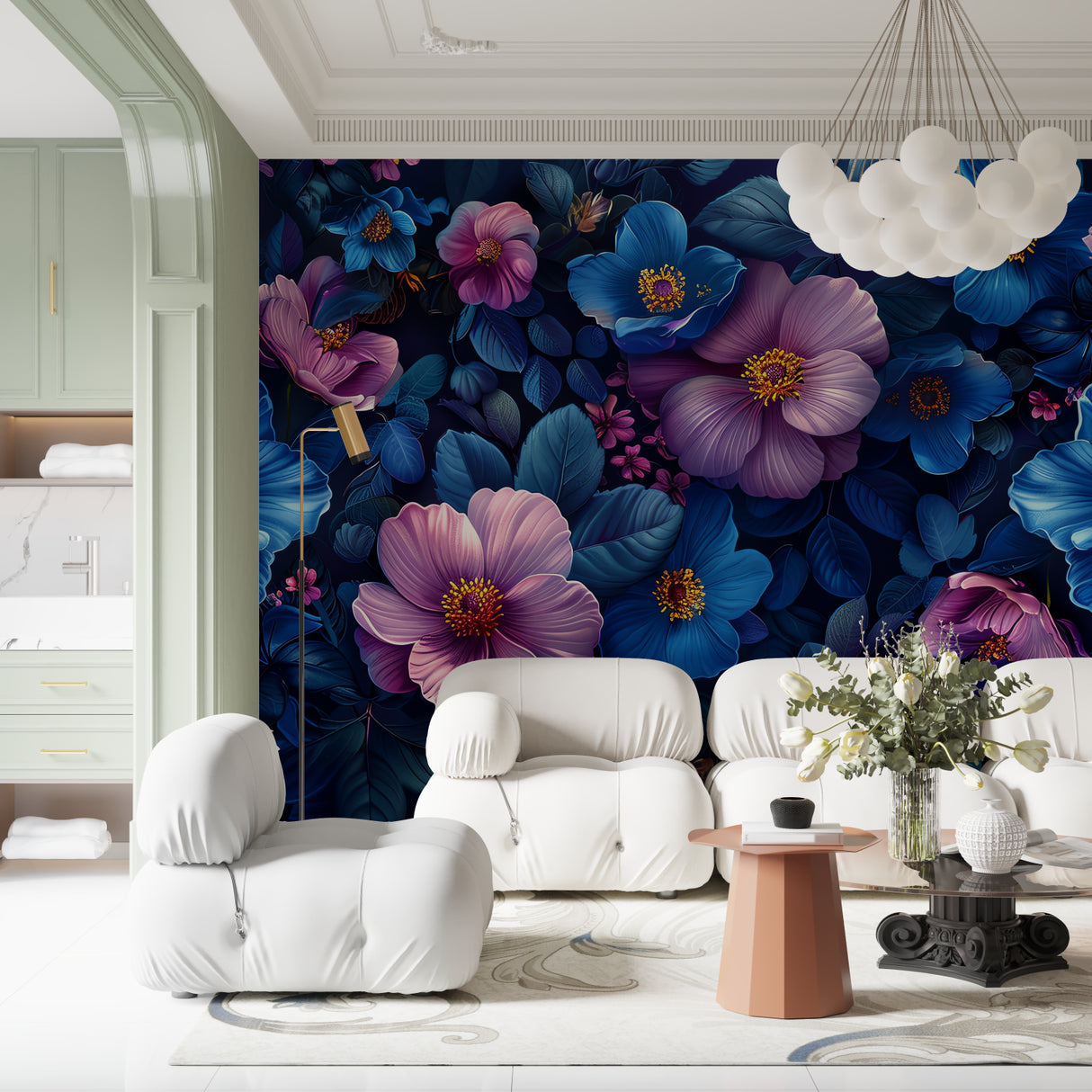 Purple floral wall mural bringing elegance to dining room setting