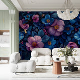 Purple floral wall mural bringing elegance to dining room setting