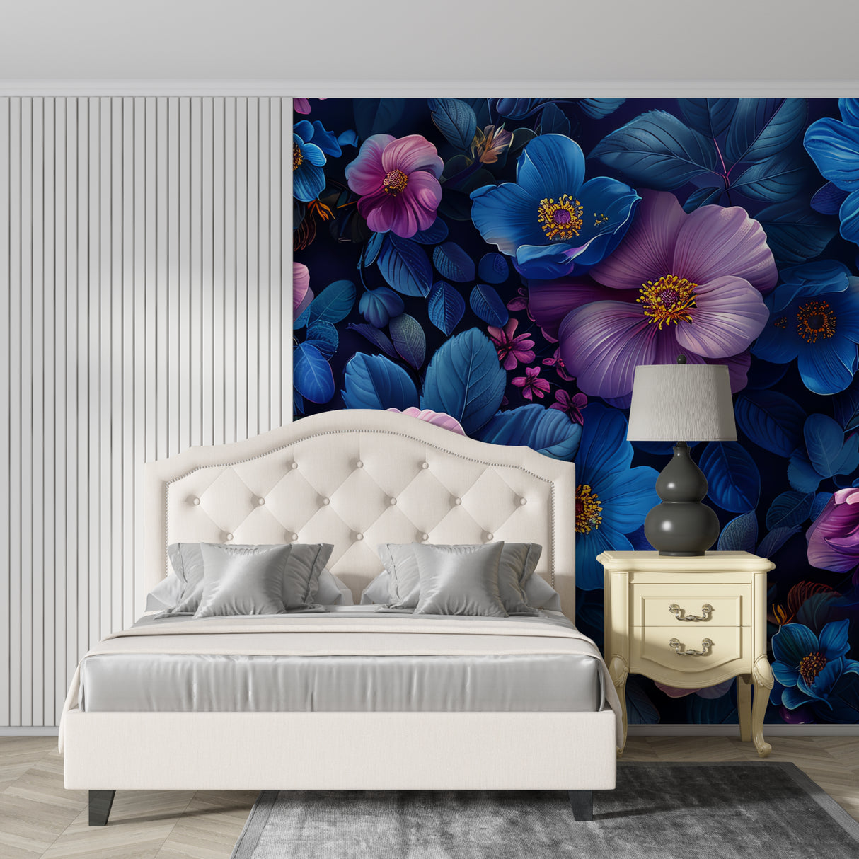 Blue flower wallpaper mural in home office creating inspiring workspace