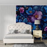 Blue flower wallpaper mural in home office creating inspiring workspace
