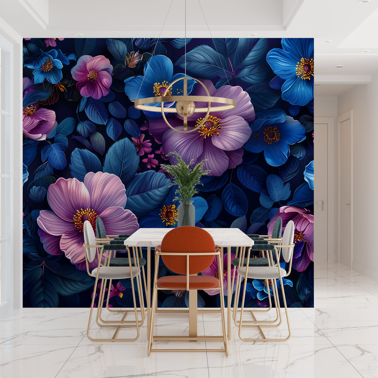 Luxury hotel lobby showcasing large-scale blue and purple floral wall mural