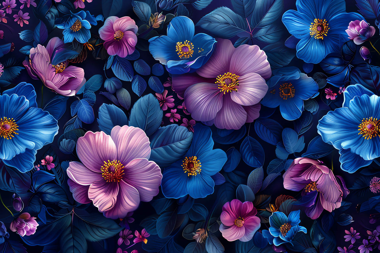 Blue and purple blooms wallpaper design file showing intricate floral pattern details