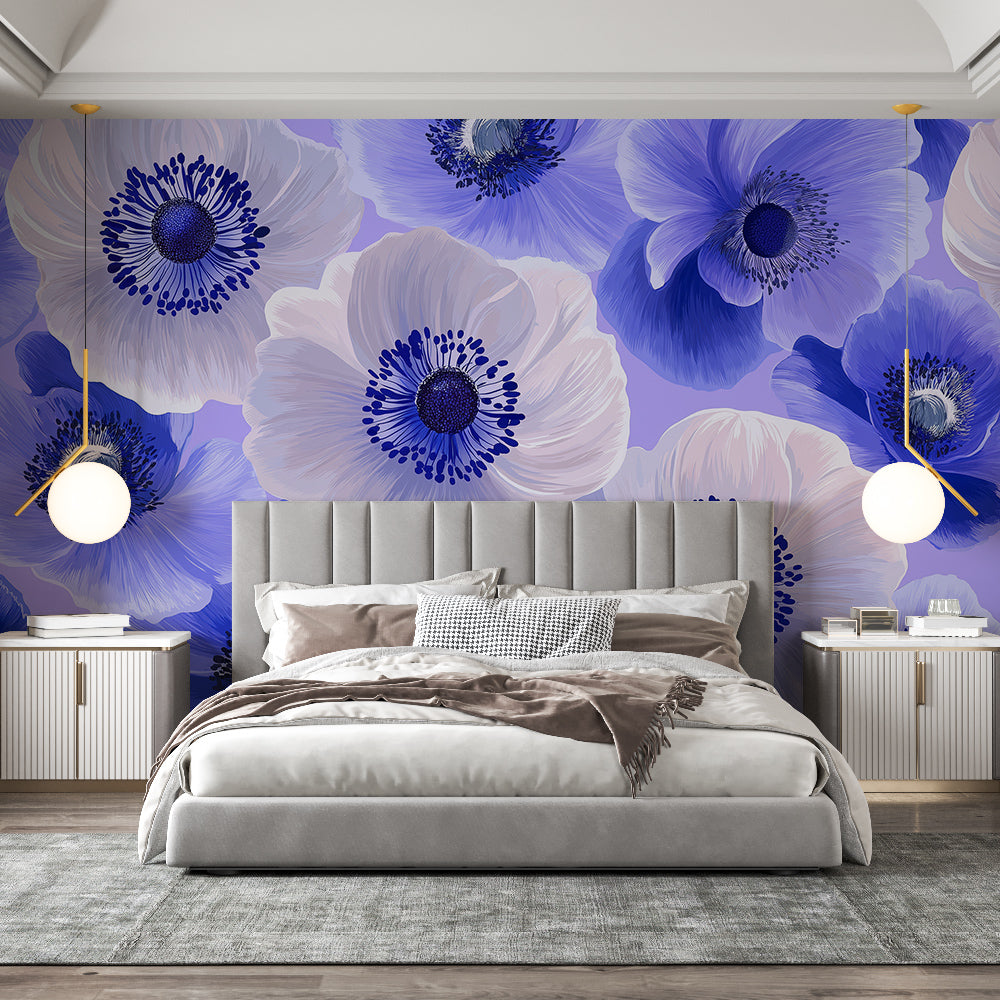 Blue and white Anemone floral wallpaper creating a fresh spring atmosphere in a modern living room setting