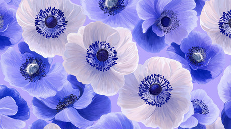 Blue and white Anemone floral wallpaper design file showing detailed flower pattern and rich colors
