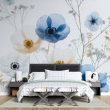 Blue and white Anemone floral wallpaper creating a fresh spring atmosphere in a bright modern living room