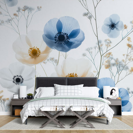Blue and white Anemone floral wallpaper creating a fresh spring atmosphere in a bright modern living room