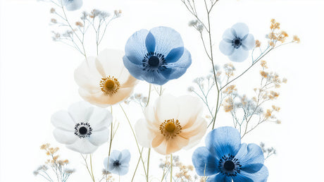 Blue and white Anemone design file showing delicate flower pattern and detailed botanical illustrations