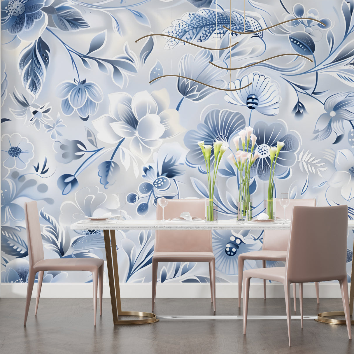 Powder blue botanical wallpaper creating serene atmosphere in master bedroom