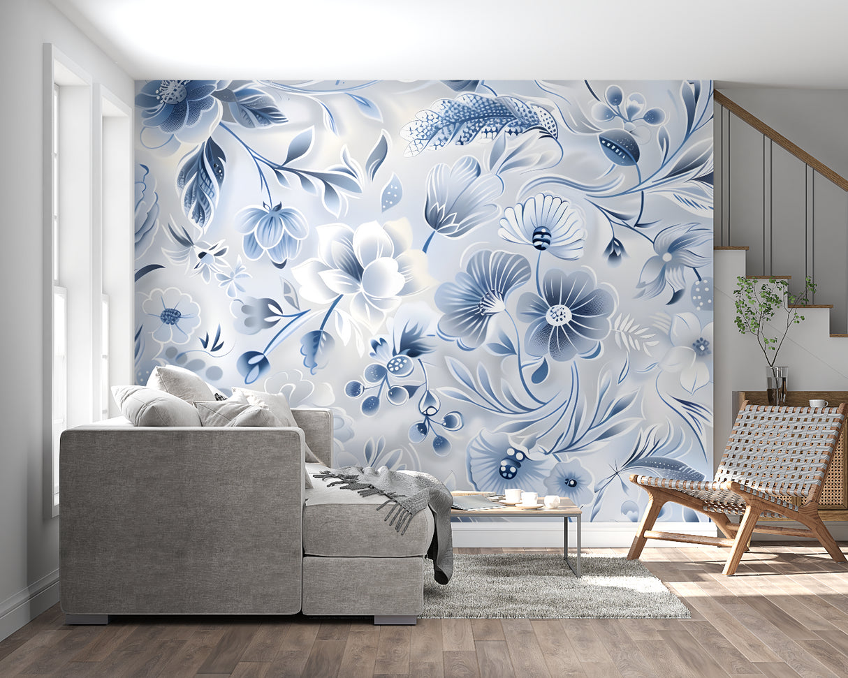 Blue and white floral mural enhancing dining room with elegant botanical design