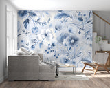 Blue and white floral mural enhancing dining room with elegant botanical design