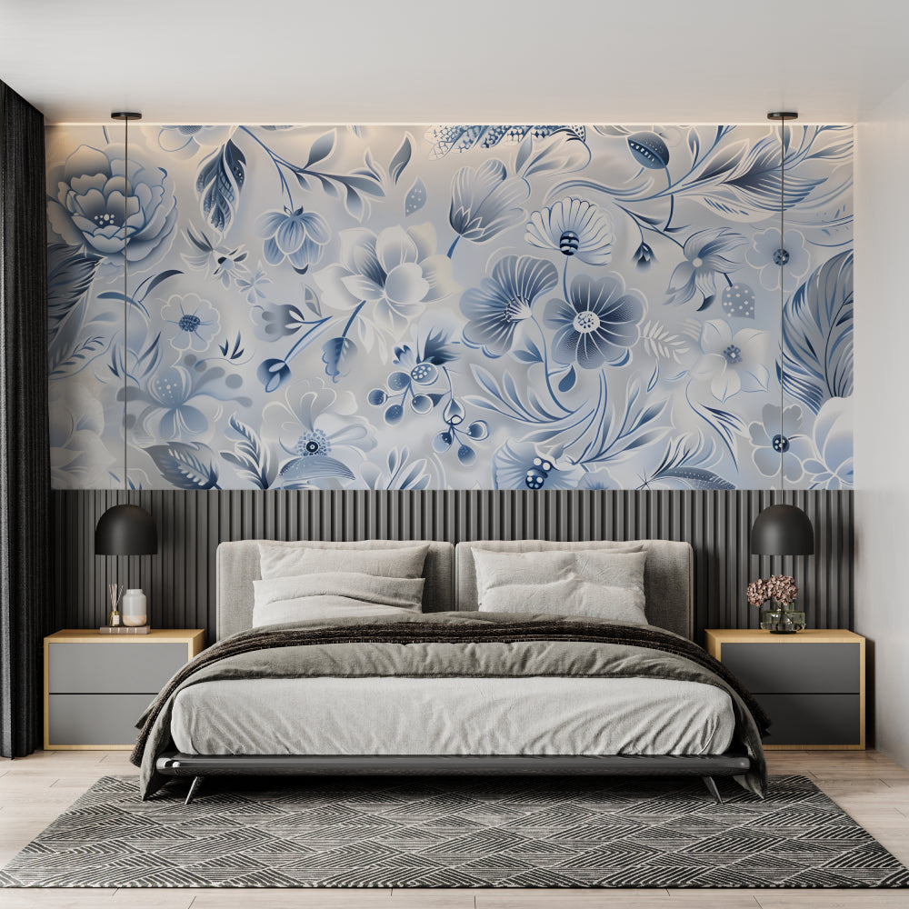 Delicate blue flower wallpaper bringing nature into home office space