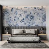 Delicate blue flower wallpaper bringing nature into home office space