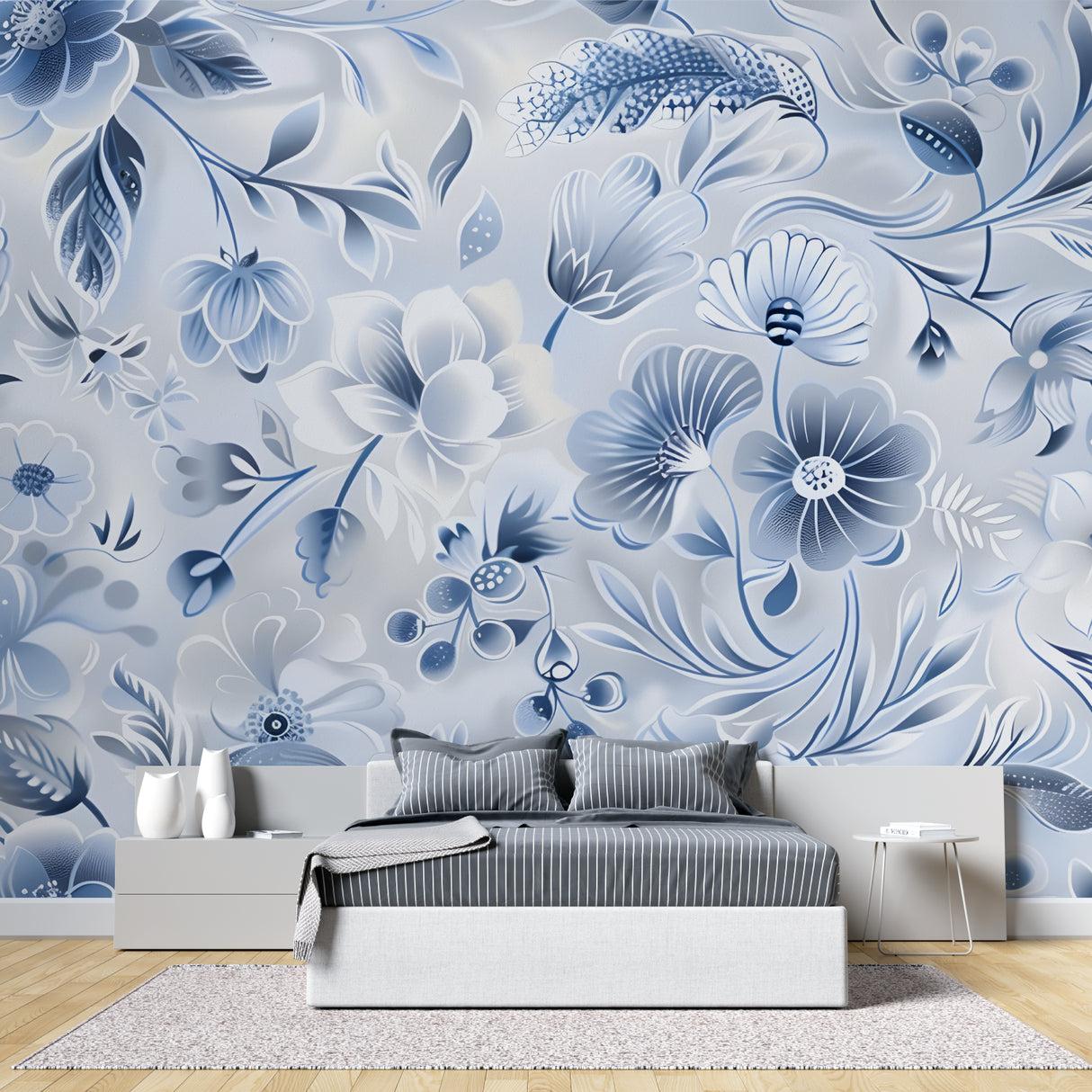 Botanical wall mural transforming entrance hall with soft blue floral pattern
