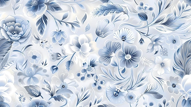 Design file of blue and white botanical pattern showing intricate floral details