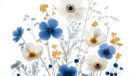 Blue anemone and white poppy design file with delicate golden accents