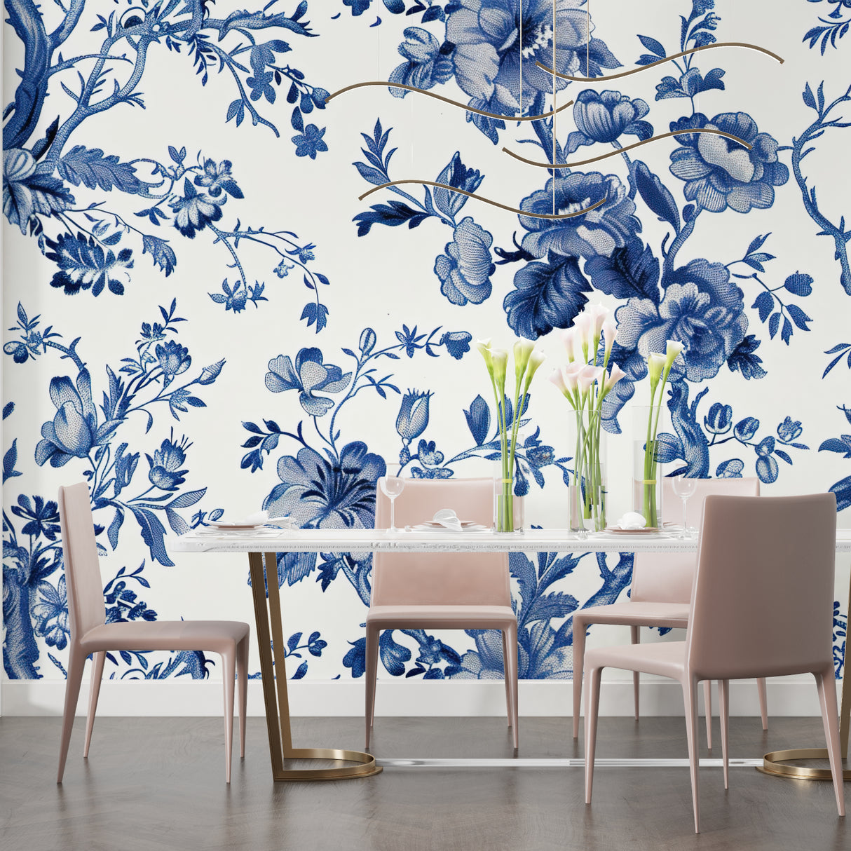 Master bedroom with blue chinoiserie pattern wallpaper creating peaceful atmosphere