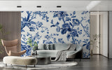 Powder room transformed with blue botanical wallpaper pattern