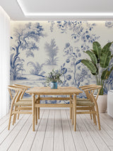French toile mural creating elegant atmosphere in master bedroom