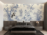 Study room featuring classic blue toile wallpaper with pastoral scenes