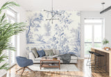 Entrance hall decorated with French floral toile wallpaper in blue and white