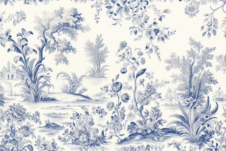 Blue and white toile de jouy design file showing complete pattern and intricate details