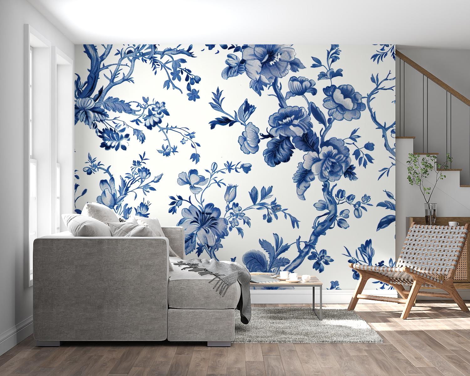 Blue floral wallpaper creating an elegant accent wall in a bright living room with modern furniture