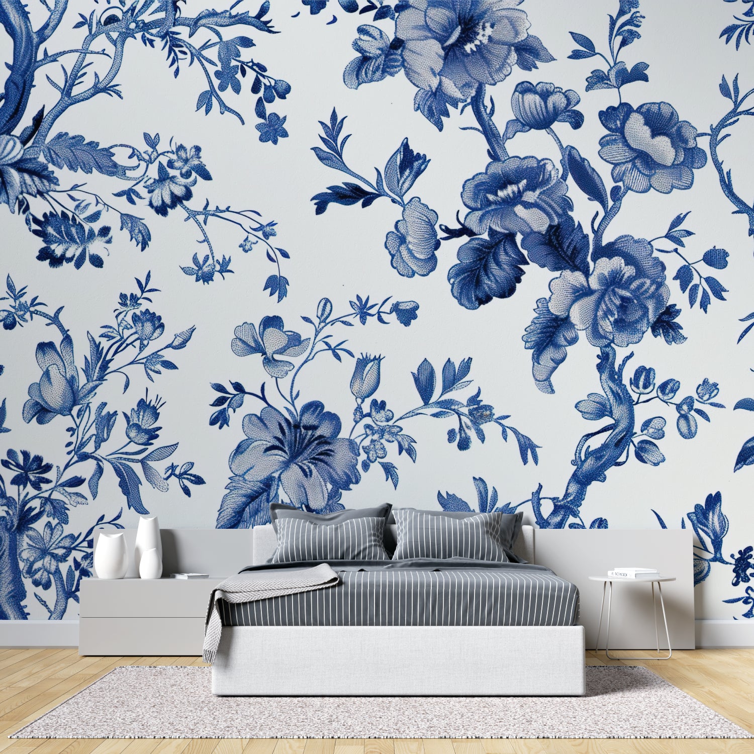 Vintage blue and white floral mural in a cozy bedroom setting with natural light