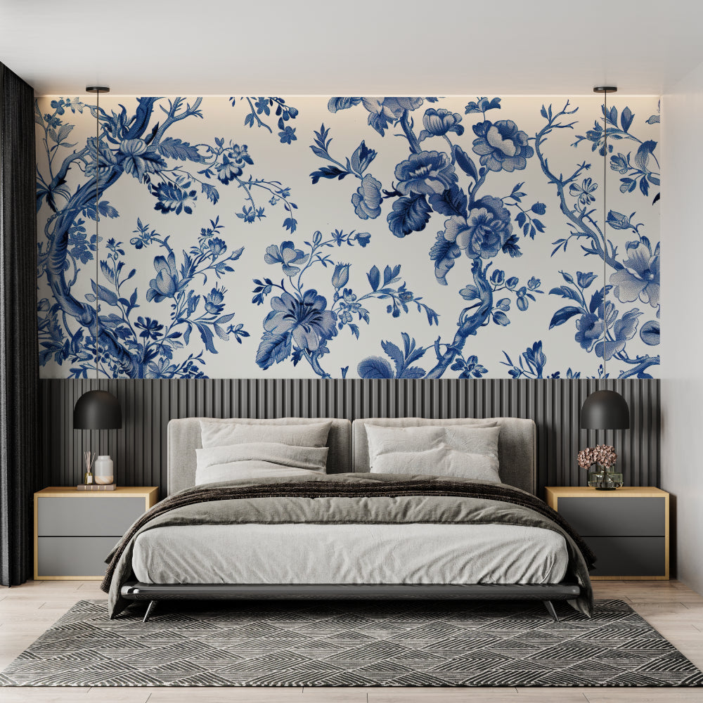 Blue floral pattern brightening up a home office with minimalist decor