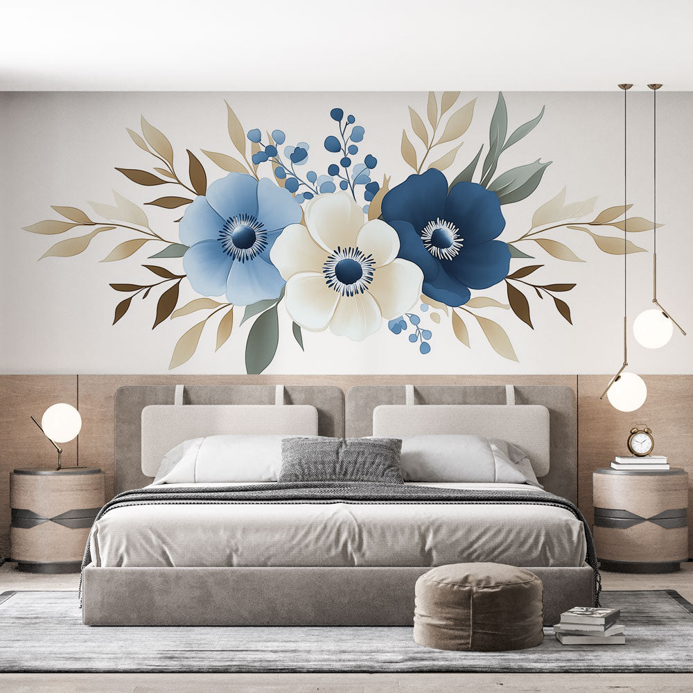 Blue Anemone floral wallpaper creating a peaceful atmosphere in a modern living room with natural light