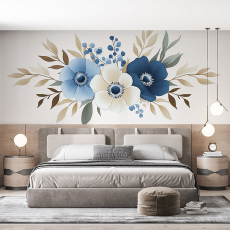 Blue Anemone floral wallpaper creating a peaceful atmosphere in a modern living room with natural light