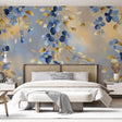 Blue and gold floral wallpaper mural creating an elegant atmosphere in a bright master bedroom with modern furniture