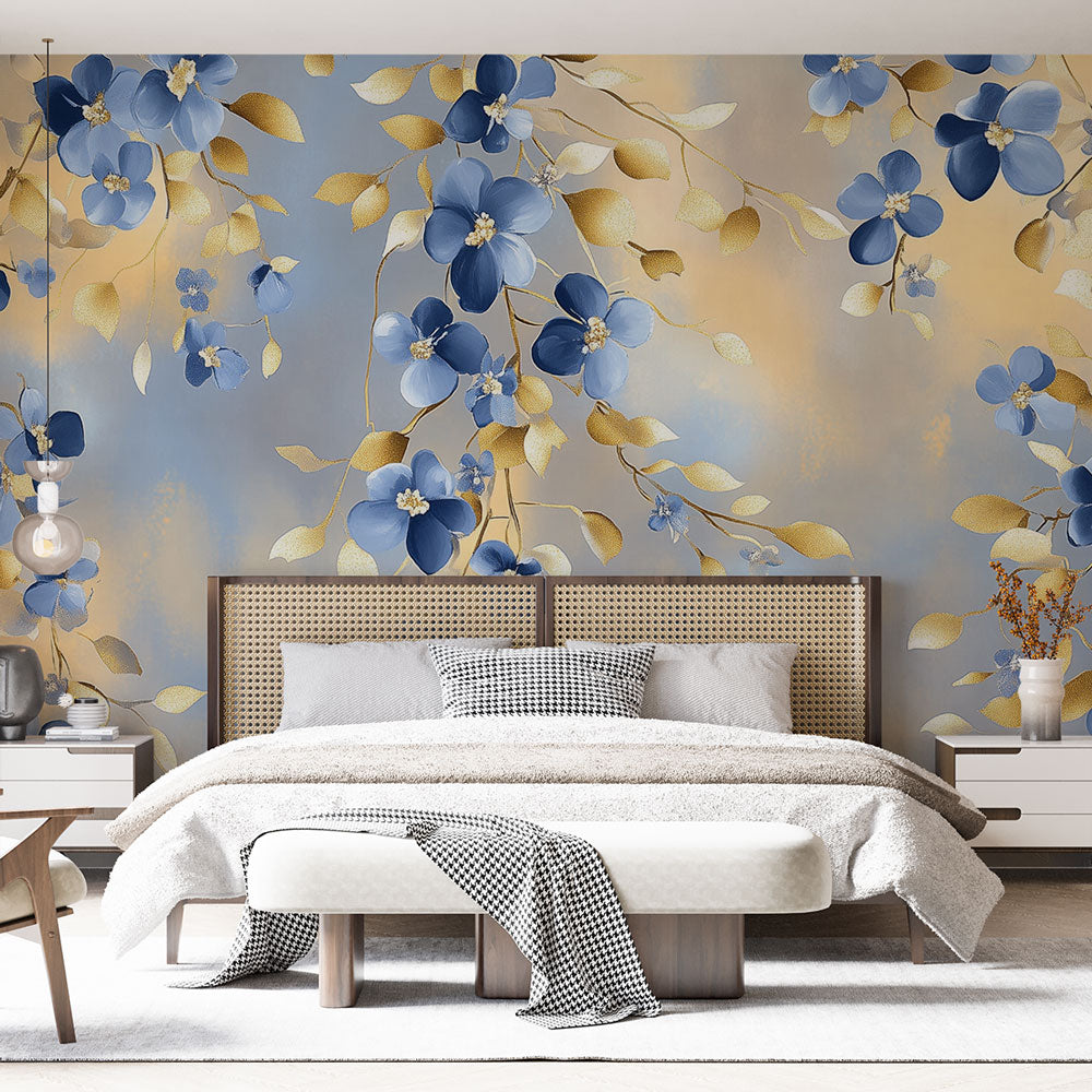 Blue and gold floral wallpaper mural creating an elegant atmosphere in a bright master bedroom with modern furniture