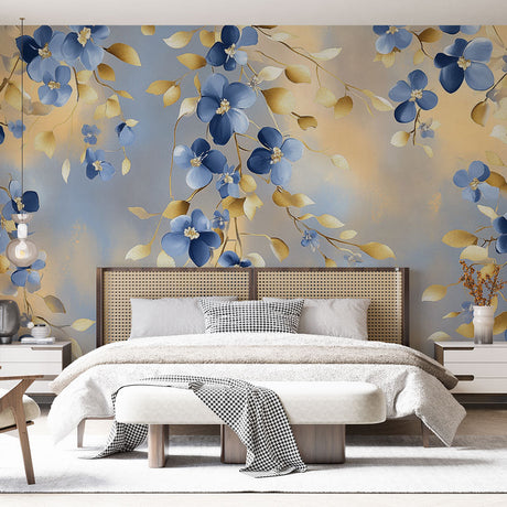 Blue and gold floral wallpaper mural creating an elegant atmosphere in a bright master bedroom with modern furniture