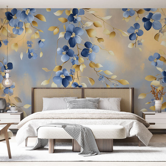 Blue and gold floral wallpaper mural creating an elegant atmosphere in a bright master bedroom with modern furniture