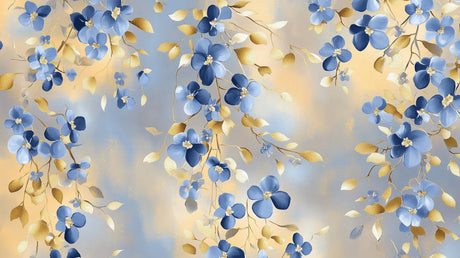 Blue blossoms with golden leaves wallpaper design file showing intricate floral pattern details
