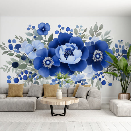 Blue floral wallpaper with sage leaves creating a peaceful atmosphere in a bright modern bedroom