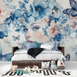 Blue butterfly floral wallpaper in bright modern bedroom, creating peaceful sanctuary