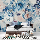 Blue butterfly floral wallpaper in bright modern bedroom, creating peaceful sanctuary