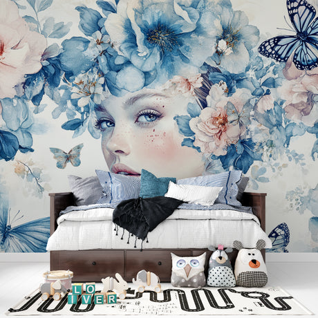 Blue butterfly floral wallpaper in bright modern bedroom, creating peaceful sanctuary