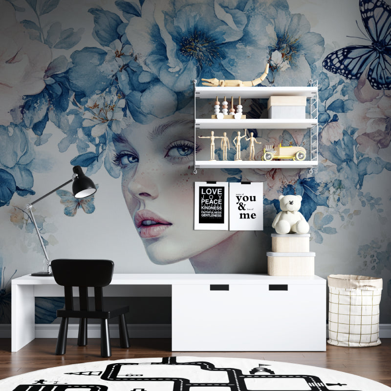 Watercolor butterfly wall mural adding elegance to home office space