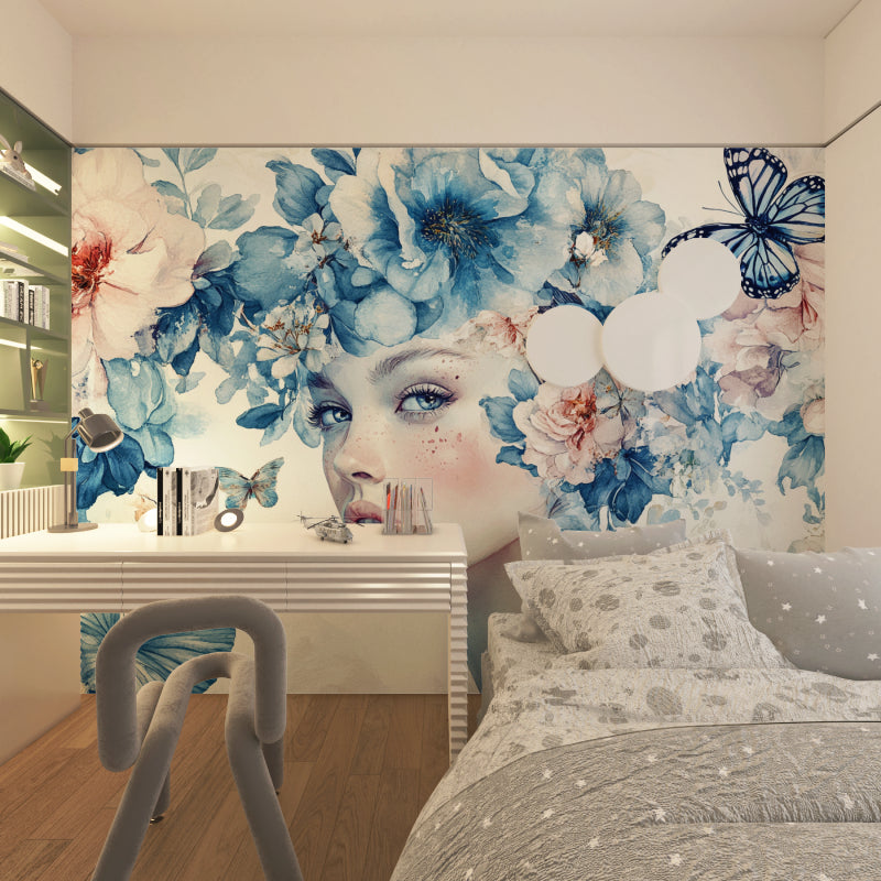 Blue floral butterfly wallpaper transforming dining room with soft garden vibes