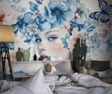 Blue and white butterfly mural creating serene atmosphere in reading nook