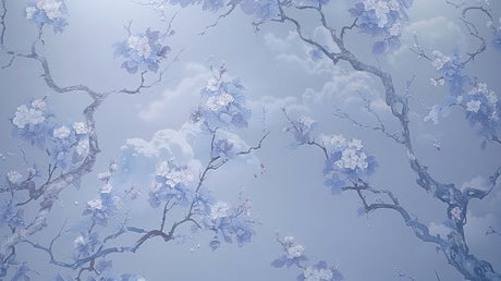 Design file showing detailed blue cherry blossoms and golden wave pattern